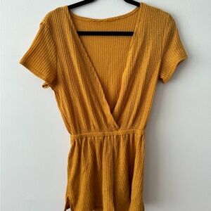 Mustard Yellow Ribbed Plunge Jumpsuit